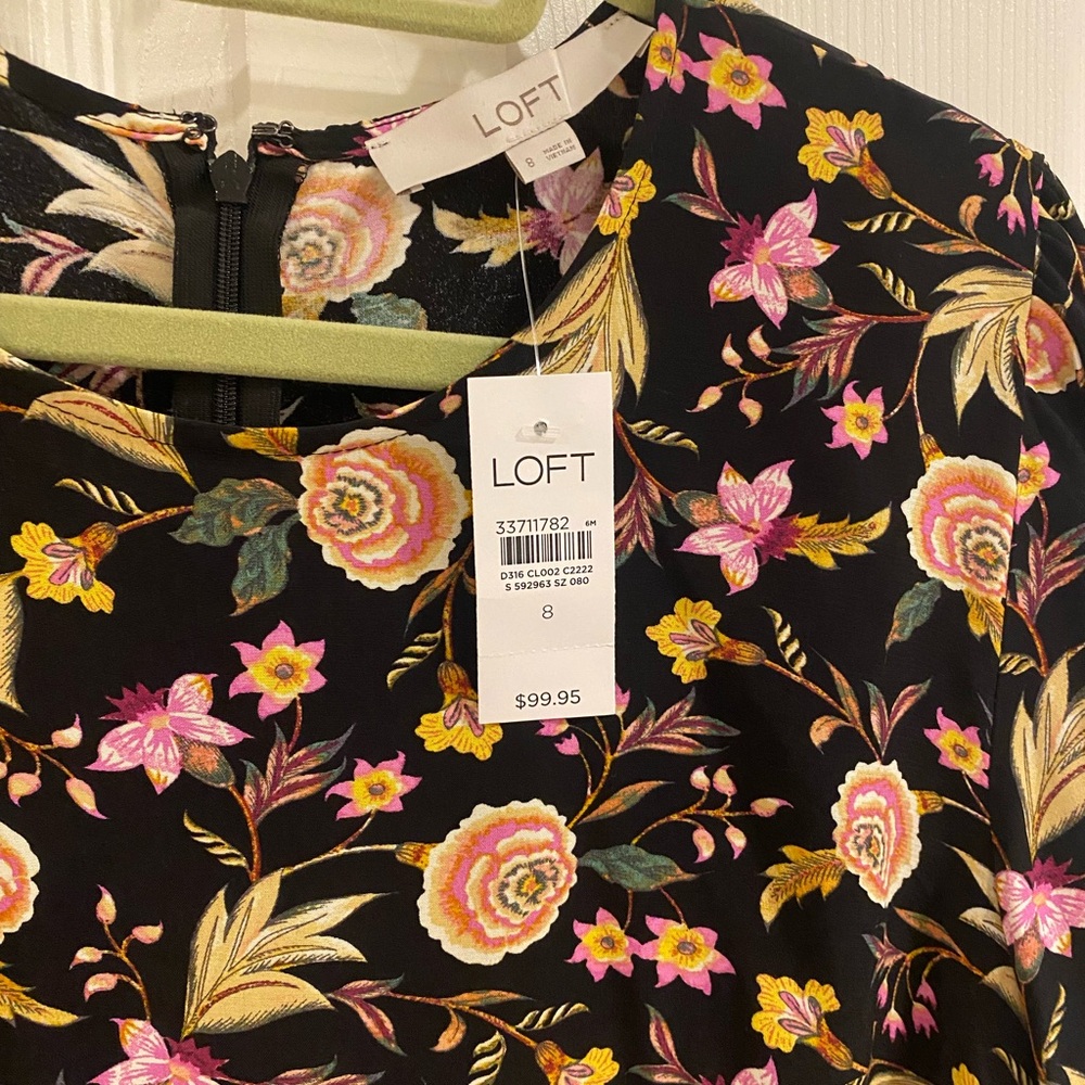 LOFT Black Dress with Pink and Yellow Floral Design